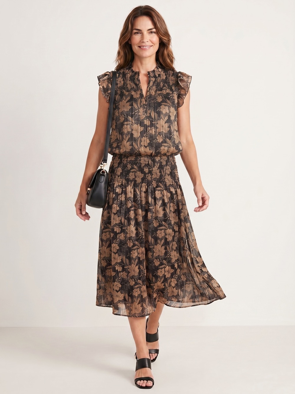 WHBM Brown Midi Dress Size M Smocked Waist Ruffle Accent Black Metallic Floral